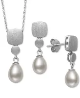 Belle de Mer 2-Pc. Set Cultured Freshwater Pearl (6mm) Brushed Finish Pendant Necklace & Matching Drop Earrings in Sterling Silver, Created for Macy's