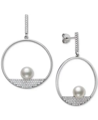 Belle de Mer Cultured Freshwater Button Pearl (7mm) & Cubic Zirconia Pave Circle Drop Earrings, Created for Macy's