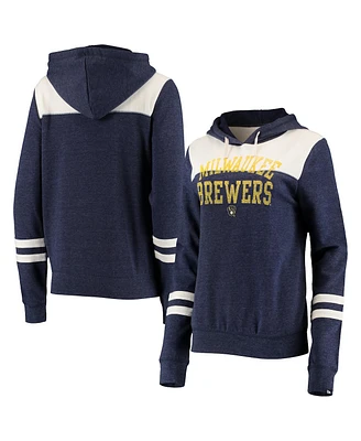 Women's New Era Heathered Navy, White Milwaukee Brewers Colorblock Tri-Blend Pullover Hoodie