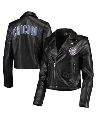 Women's The Wild Collective Black Chicago Cubs Faux Leather Moto Full-Zip Jacket
