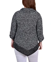 Plus Size Long Roll Tab Sleeve Nubby Cowl Neck Top