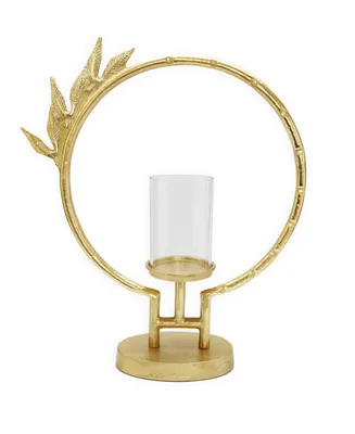 Geometric Circle Hurricane Candle Holder Leaf Design, Large - Gold