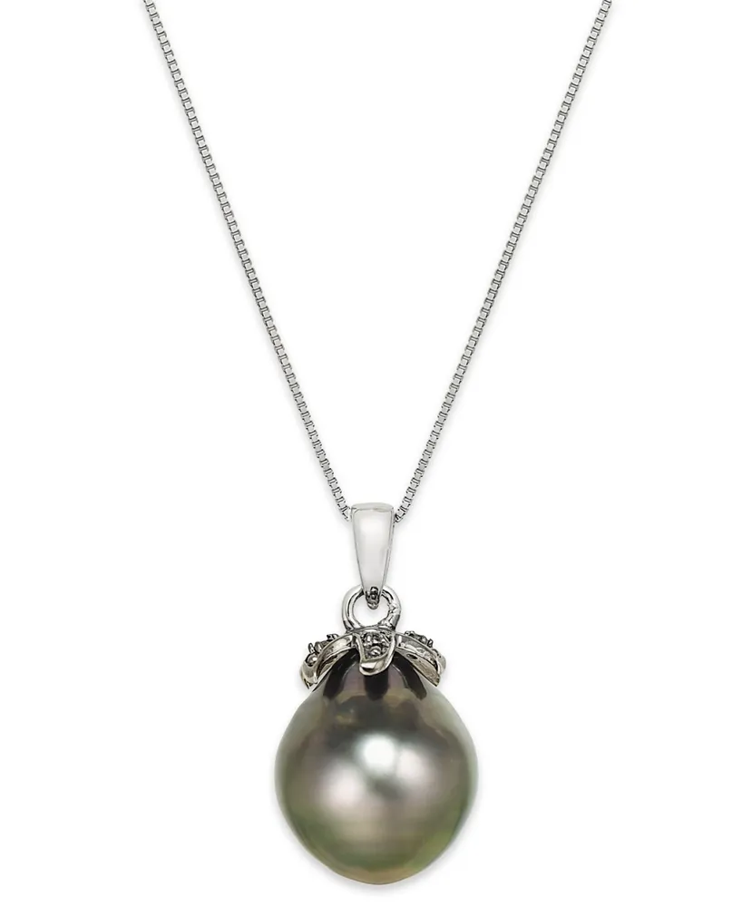 Tahitian Pearl (12mm) and Black Diamond Accent Pendant Necklace in 14k White Gold