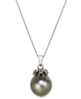 Tahitian Pearl (12mm) and Black Diamond Accent Pendant Necklace in 14k White Gold
