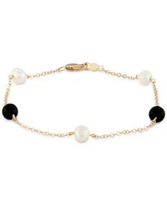 Cultured Freshwater Pearl (5mm) & Onyx (5mm) Chain Bracelet in 14k Gold