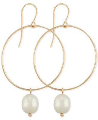 Cultured Freshwater Pearl (10 x 8mm) Drop Hoop Earrings in 14k Gold