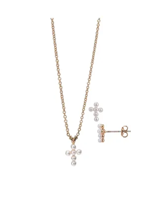 Fao Schwarz Imitation Pearls Cross Pendant Necklace and Earring Set - Gold