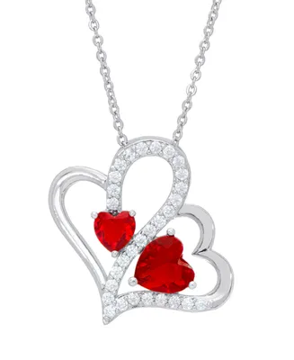 Women's Fine Silver Plated Simulated Ruby Cubic Zirconia Double Heart Pendant Necklace