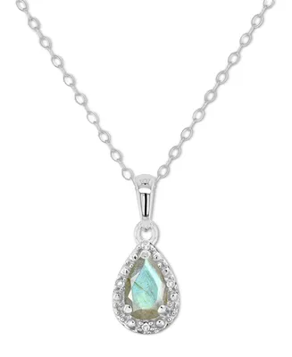 Labradorite & Diamond Accent Pear 18" Pendant Necklace Sterling Silver (Also Onyx, Turquoise)