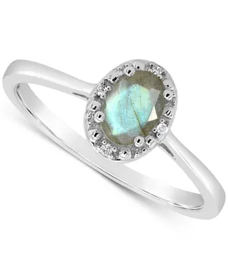 Labradorite & Diamond Accent Oval Ring Sterling Silver (Also Onyx Turquoise)