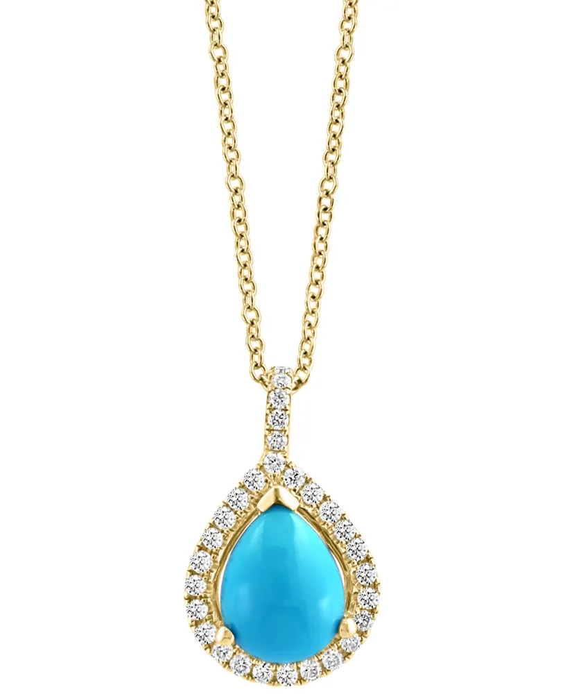 Effy Turquoise & Diamond (1/5 ct. t.w.) Teardrop Halo 18" Pendant Necklace in 14k Gold