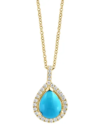 Effy Turquoise & Diamond (1/5 ct. t.w.) Teardrop Halo 18" Pendant Necklace in 14k Gold