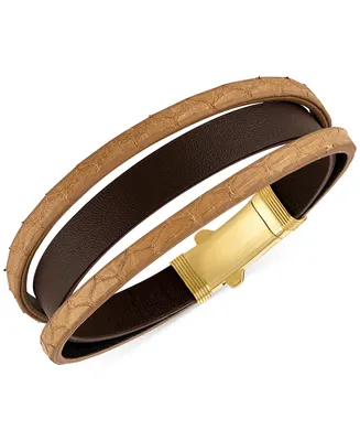 Esquire Men's Jewelry Two-Tone Triple Strap Leather Layered Bracelet in 18k Gold-Plated Sterling Silver, Created for Macy's