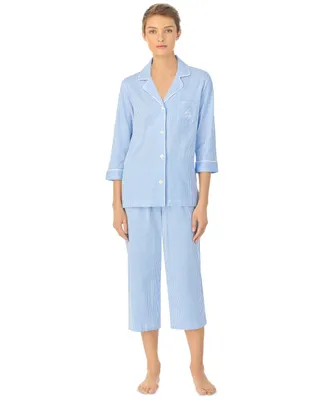 Lauren Ralph Womens 3/4 Sleeve Cotton Notch Collar Capri Pant Pajama Set