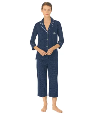 Lauren Ralph Womens 3/4 Sleeve Cotton Notch Collar Capri Pant Pajama Set