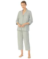 Lauren Ralph Womens 3/4 Sleeve Cotton Notch Collar Capri Pant Pajama Set