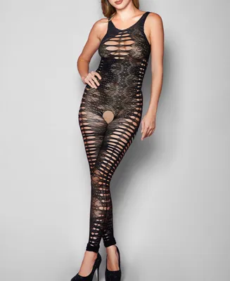 iCollection Women's Kelly Cat suit 1Piece All Over Sheer and Shredded Hosiery