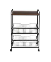 3 Tier Wood Shelf and Pull-Out Baskets Rolling Cart