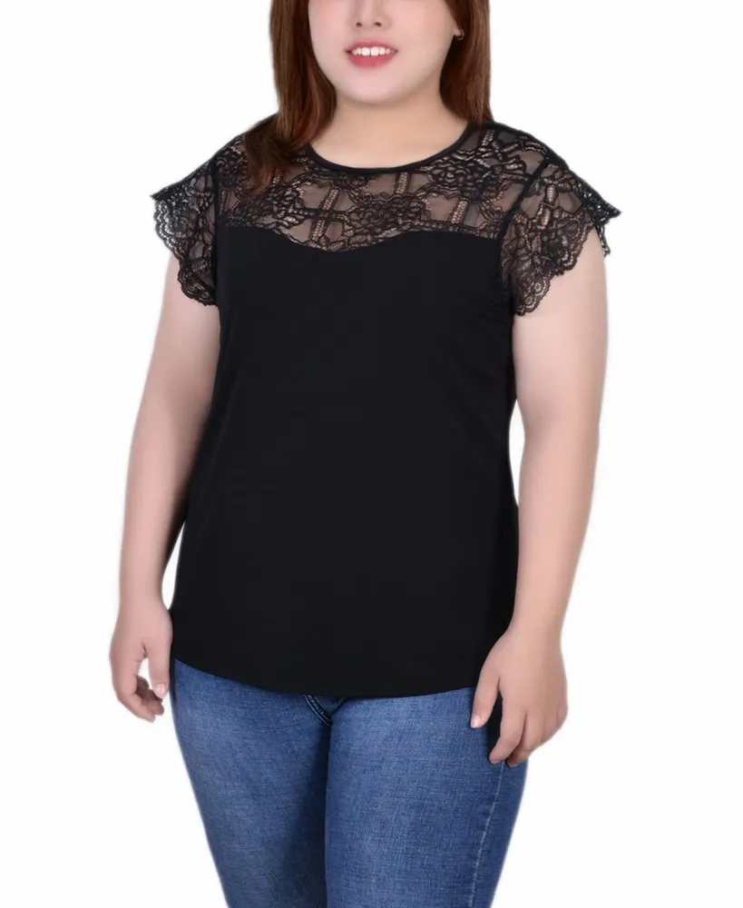 Ny Collection Plus Short Sleeve Lace and Crepe Top