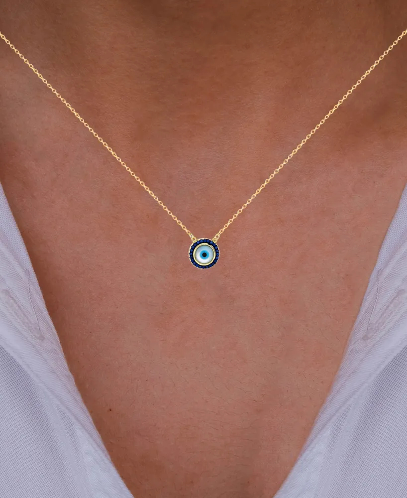Cubic Zirconia & Enamel Evil Eye Halo Pendant Necklace in 14k Gold-Plated Sterling Silver, 16" + 1" extender