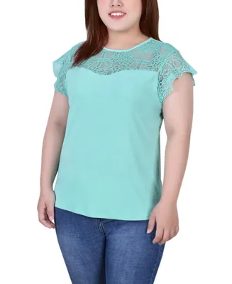 Ny Collection Plus Short Sleeve Lace and Crepe Top