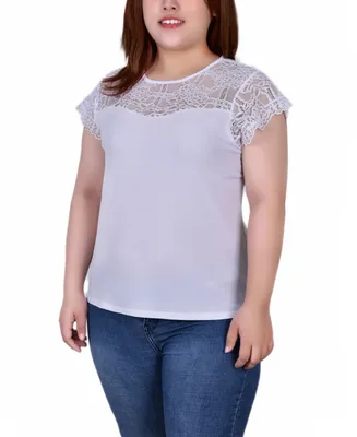 Ny Collection Plus Size Short Sleeve Lace and Crepe Top