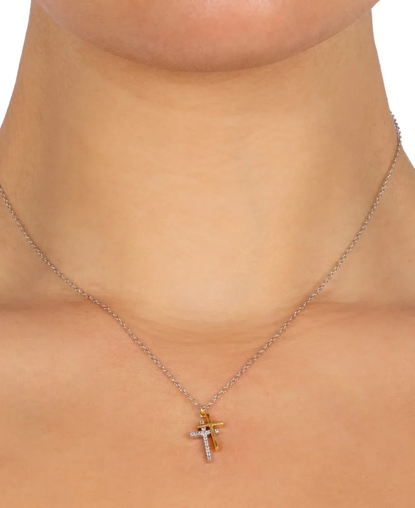 Giani Bernini Cubic Zirconia Double Cross Pendant Necklace in Sterling Silver & Gold-Plate, 16" + 2" extender, Created for Macy's