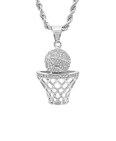 Steeltime Men's Stainless Steel Simulated Diamond Basketball and Hoop Pendant - Silver