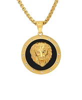 Steeltime Men's 18k Gold Plated Stainless Steel, Black Enamel and Simulated Diamonds Lion Head Round Pendant