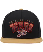 Men's Mitchell & Ness Black and Tan Philadelphia 76ers Hardwood Classics Gradient Wordmark Snapback Hat