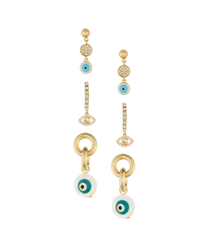 Ettika 18k Gold-Plated 3-Pc. Set Cubic Zirconia Evil Eye Drop Earrings