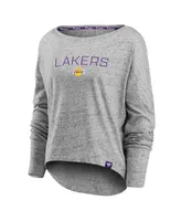 Women's Fanatics Heathered Gray Los Angeles Lakers Nostalgia Off-The-Shoulder Long Sleeve T-shirt