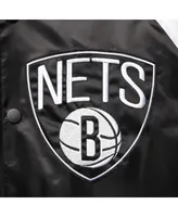 Men's Starter Black, Gray Brooklyn Nets Reliever Varsity Satin Raglan Full-Snap Jacket