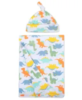 Baby Boys Soft Dinosaur Print Swaddle Wrap Blanket with Matching Hat, 2 Piece Set