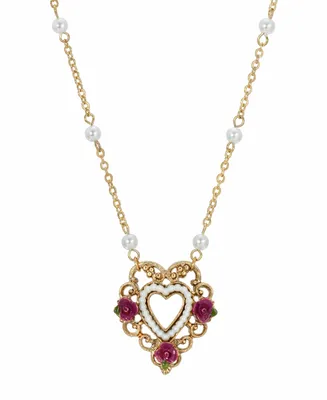 Women's Enamel Flower Imitation Pearl Rimed Open Heart Necklace