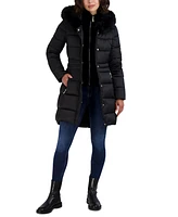 Tahari Womens Velvet Bibbed Faux-Fur Hooded Puffer Coat