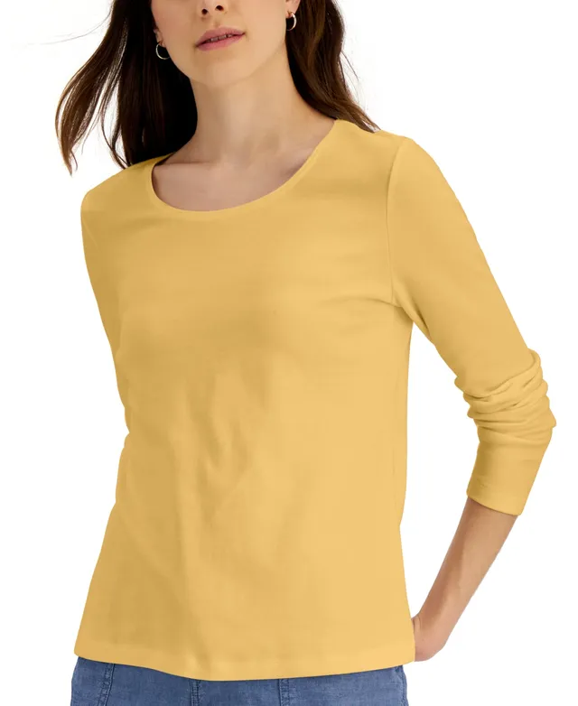 Karen Scott Petite Long Sleeve Cotton Scoop-Neckline Top, Created for  Macy's