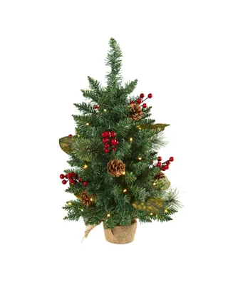 Pine, Pinecone and Berries Artificial Christmas Tree with Lights and Bendable Branches, 24"