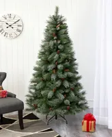 Snowed French Alps Mountain Pine Artificial Christmas Tree with Bendable Branches and Pine Cones, 72"