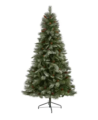 Snowed French Alps Mountain Pine Artificial Christmas Tree with Bendable Branches and Pinecones, 84"