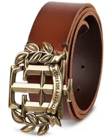 Tommy Hilfiger Men's Iconic Monogram Crest Plaque Buckle Leather Belt