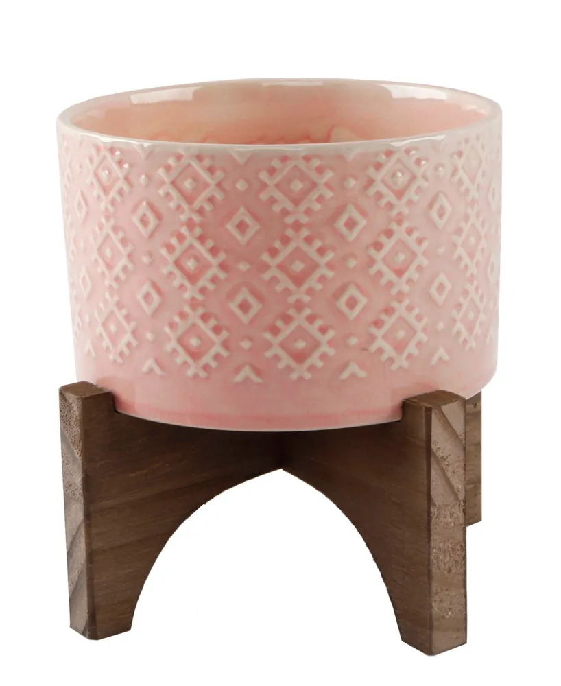 Flora Bunda India Ceramic Planter on Wood Stand, 6.25"