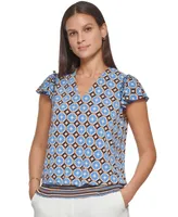 Tommy Hilfiger Women's Printed V-Neck Flutter-Sleeve Top