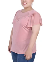 Ny Collection Plus Size Studded Short Flutter Sleeve Top with Mesh Details