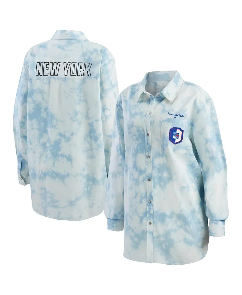 Women's Wear by Erin Andrews White New York Rangers Oversized Tie-Dye Button-Up Denim Shirt