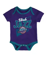 Infant Boys and Girls Mitchell & Ness Purple, Teal Utah Jazz Hardwood Classics Bodysuits Cuffed Knit Hat Set