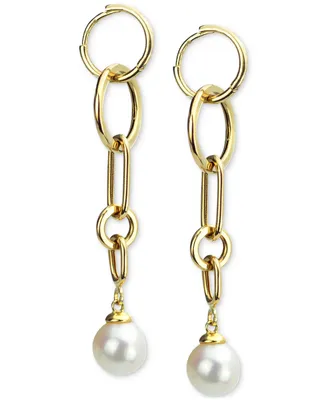 Cultured Freshwater Pearl (8-9mm) Chain Link Drop Earrings in 14k Gold