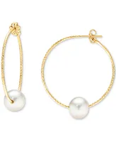 Cultured Freshwater Pearl (10mm) Textured Medium Hoop Earrings 14k Gold-Plated Sterling Silver, 1.5"