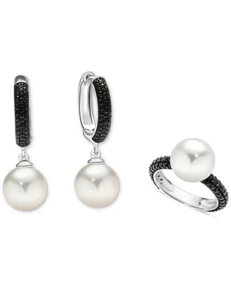 2-Pc. Set Cultured Freshwater Pearl (10mm) & Black Spinel (1/2 ct. t.w.) Ring, & Dangle Hoop Earrings in Sterling Silver