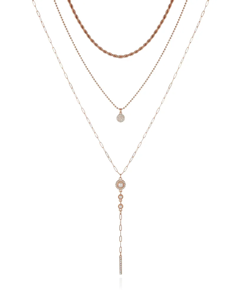 T Tahari Crystal and Imitation Pearl Layering Necklace Set, 3 Piece - Gold